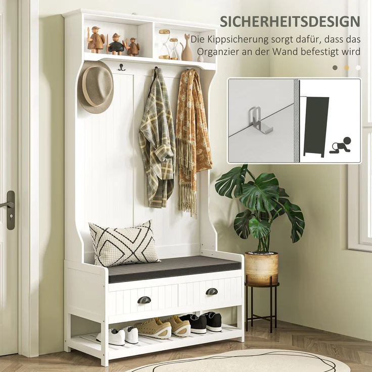 Faumrta 2-in-1 Garderobenständer, Kleiderständer mit 4 Haken, Garderobe mit Schuhbank und Ablagen, Jackenständer mit Kippschutz, für Eingangsbereich, Flur, Schlafzimmer, Weiß+Grau89CM*42CM*172CMWeißMDF (Medium-Density-Faserplatte) – Bild 5
