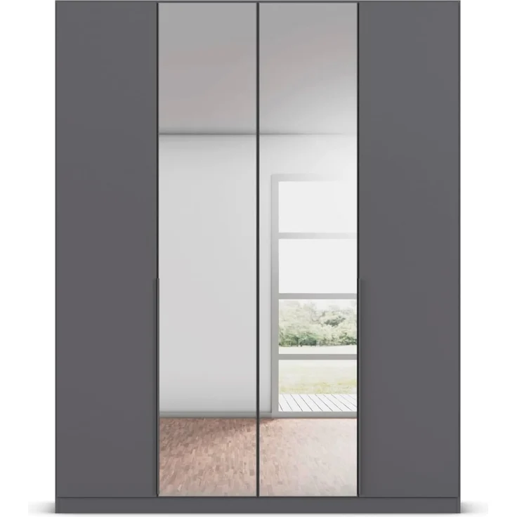 Rauch Möbel Alabama, Kleiderschrank, Garderobenschrank, 4-türig, Spiegel, Zubehör Basic, 2 Kleiderstangen, 4 Einlegeböden, Farbe Grau metallic, Schwarz, Griff Grau metallic, 181 x 229 x 54 cm – Bild 6
