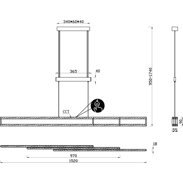 LED Pendelleuchte ARCOLA ausziehbar höhenverstellbar Silber, max. Breite 152cm – Bild 8