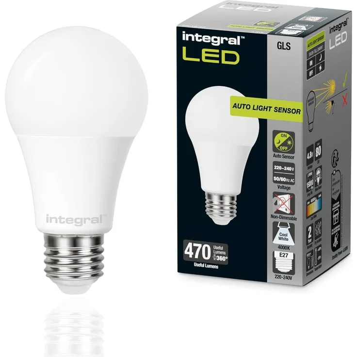 Integral LED GLS E27 Nicht dimmbare Milchglas Glühlampe mit Dämmerungssensor | LED Glühbirne e27 | Cool White 4000K, 470lm, 4.8W (entspricht 40W) Energieeffizient für Veranda, Garage, Garten