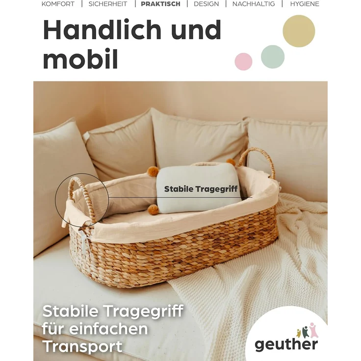 Geuther Moses Nest Babynest Tragekorb ruhiger Schlafplatz für Babys aus natürlichem Korbgeflecht waschbar mit atmungsaktiver Matratze aus 100% Bio Baumwolle Farbe: Beige, 5. 66 kilograms – Bild 5