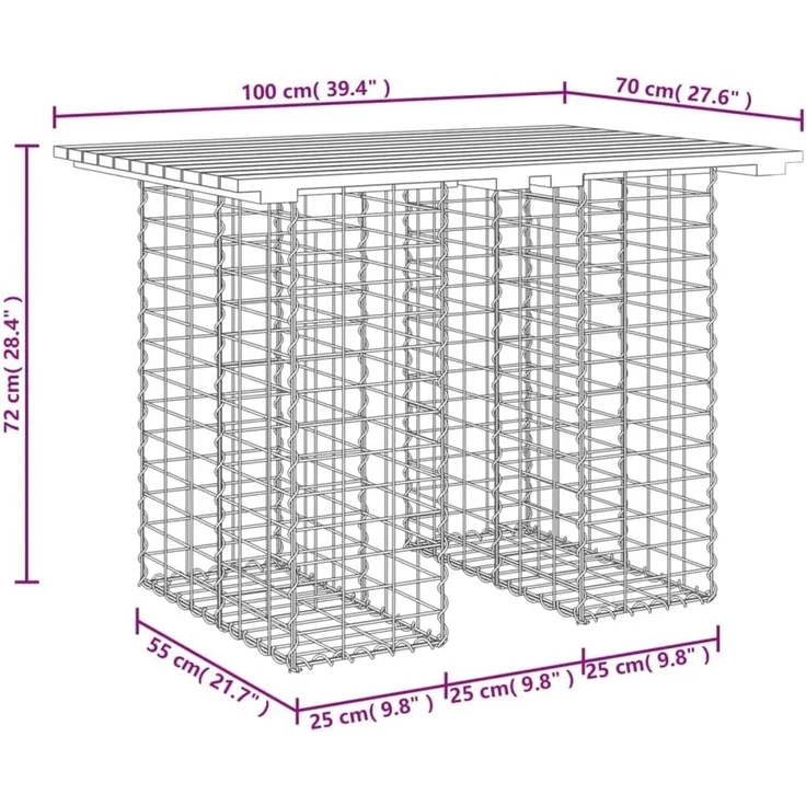 DELUKE® Gartenbank Gabionen TELLE aus Stahl 100x70x72cm Massivholz Douglasie, 25cm Gabionenbreite Gabionenbank Gartentisch aus Gabionen Steinkorb Gabionengitter Ziergabione Drahtkorb befüllbar – Bild 2