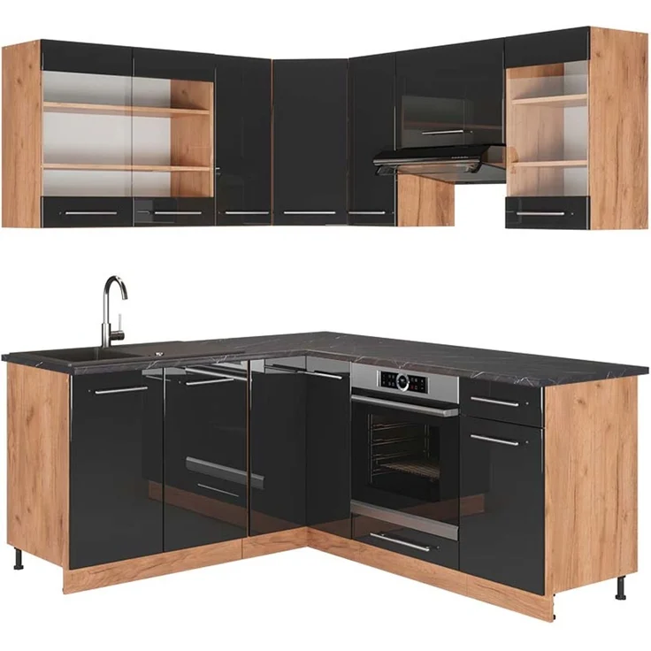 Eckküche Fame-Line Anthrazit Hochglanz/Goldkraft Eiche 190 x 160 cm, AP Anthrazit Vicco – Bild 1