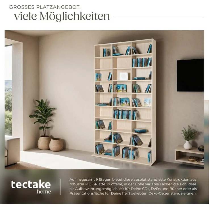tectake CD-Regal Medienregal Christel in Holzoptik 180x102x23,5cm, Sammlerset 1-tlg, höhenverstellbare und herausnehmbare Zwischenböden – Bild 2