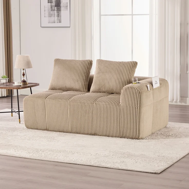 2-Sitzer Sofa, Cord mit Seitenfächern & Becherhaltern, 158x93x61 cm, Khaki – Bild 2