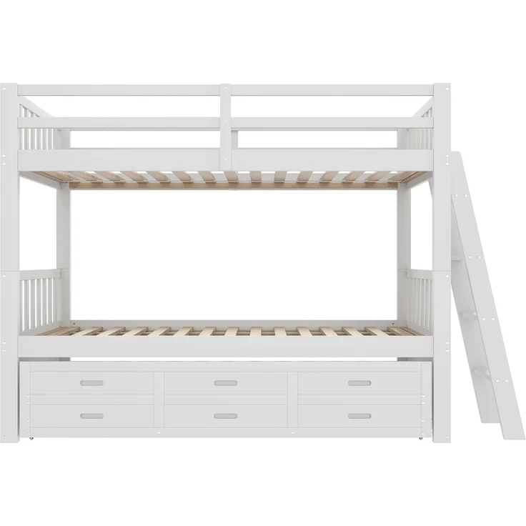 Etagenbett 90x200 cm mit Ausziehbett, 3 Schubladen, Kinderbett aus Kiefernholz und MDF, mit Treppe,Weiß – Bild 9