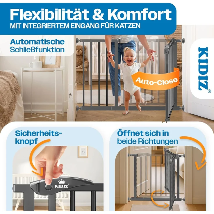 KIDIZ® Schutzgitter für Treppen, Auto Close Treppenschutzgitter ohne Bohren, 90° Stop, schwenkbare Trennwand, Klemmen, Anthrazit, 102 - 115 cm – Bild 4