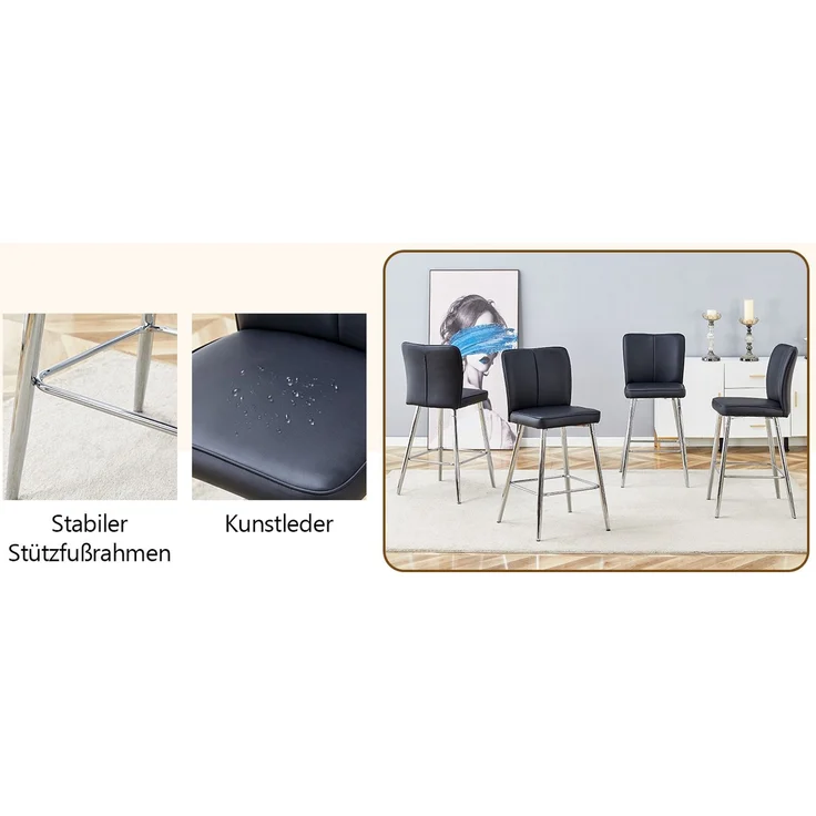 101 cm hoher Barstuhl aus schwarzem PU-Material, zweiteiliges Set: ergonomische Rückenlehne, bequem und stilvoll--Schwarz+Silber--101x44x44cm--YOUDENOVA – Bild 4