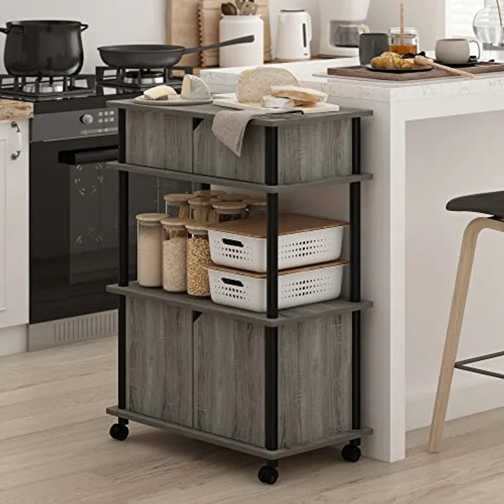 Furinno Turn-N-Tube Küchen-Aufbewahrungswagen mit Schrank, Französische EicheFranzösische Eiche Grau/Schwarz – Bild 3