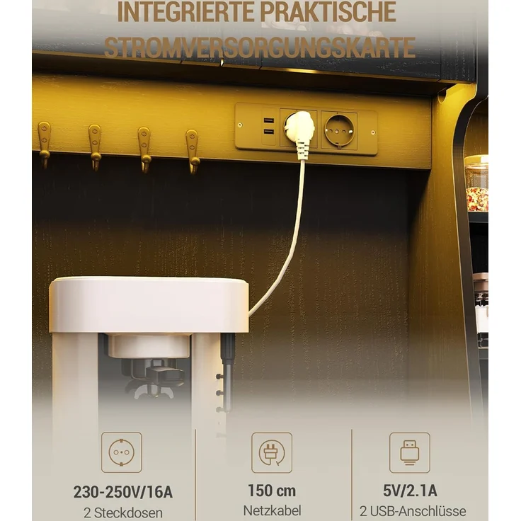 Küchenschrank, Buffetschrank, Hochschrank mit Steckdosen und LED-Lichtleisten, mit Arbeitsplatten und Zwei Schubladen, Verstellbare Einlegeböden, Küche, 40 x 100 x 180 cm, Schwarz – Bild 6