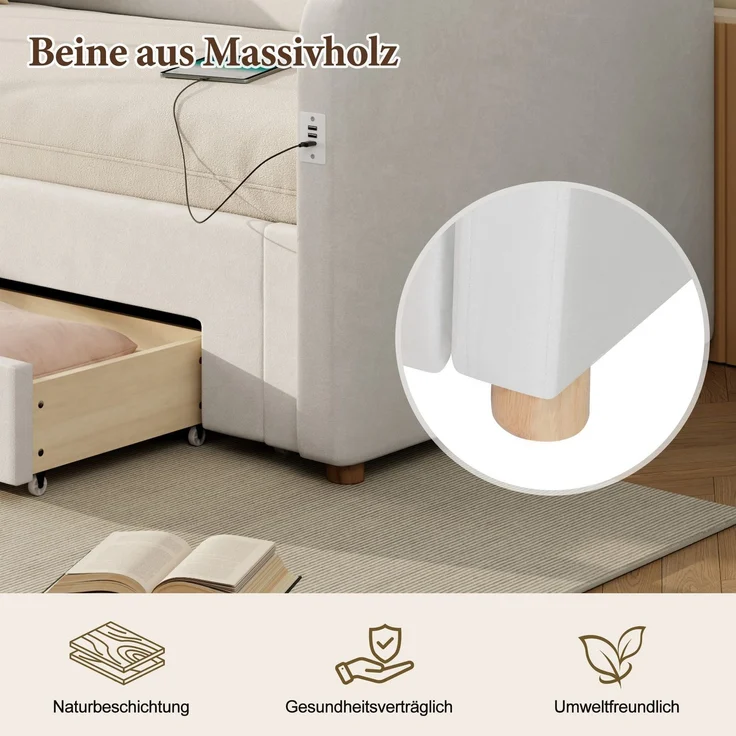 Schlafsofa mit Bettfunktion, Schubladen, Lattenrost, USB und Type-C, 90x200cm/180x200cm, Liegefläche erweiterbar, Polsterbett, Samt – Bild 6