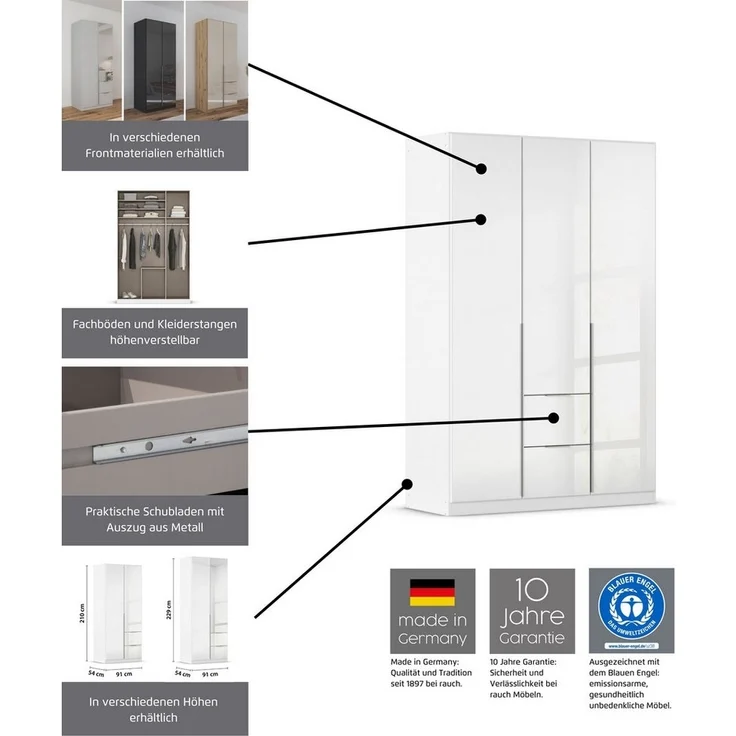 OTTO home Drehtürenschrank Kleiderschrank Schrank Garderobe AGORDO mit Dekor- oder Hochglanzfront (in zwei Griff-Farben, Breiten 91-360 cm) mit Außenschubkästen, in 7 Breiten und 2 Höhen MADE IN GERMANY – Bild 2