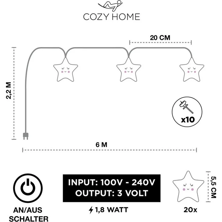 COZY HOME LED-Lichterkette Sternen Batterie und Stecker, 20 LED I 5m I Warmweiße LED-Stern Lichterkette I Kinderbett Bunt Deko – Bild 2