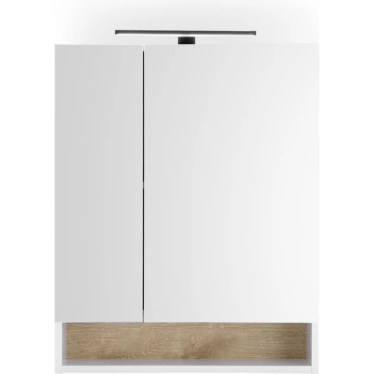 Badezimmerspiegelschrank >Denver< LED, Steckdose, weiß matt / eiche Dekor - 60x75x22 (BxHxT) – Bild 4