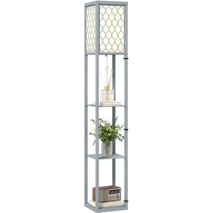 HOMCOM Stehlampe mit Regale, ohne Leuchtmittel, 3 Fächer Stauraum, Hellgrau+Weiß – Bild 4