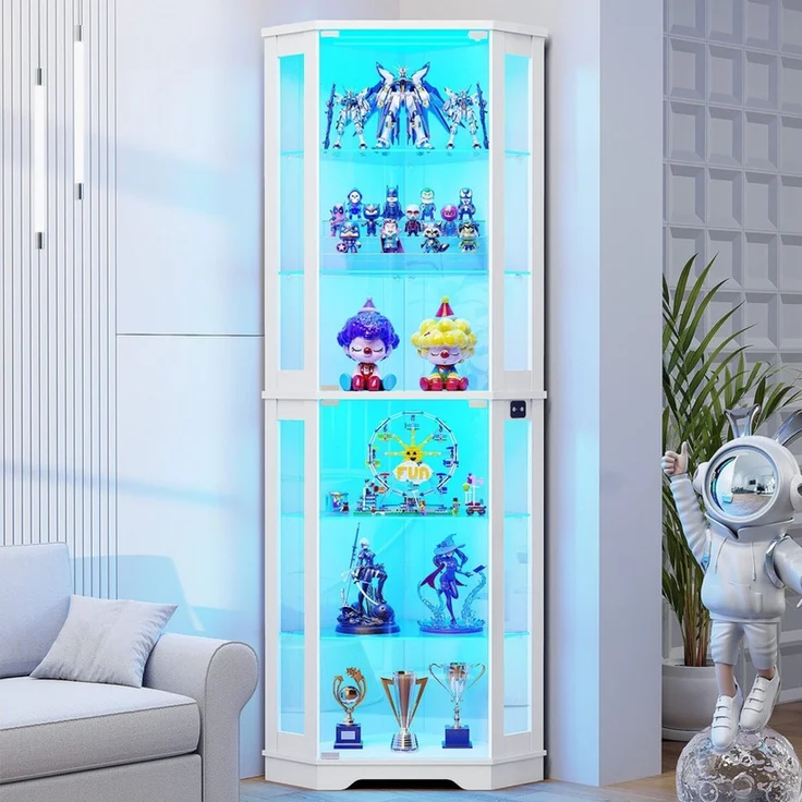 Eckvitrine 65x45x180 cm, 6-stöckige Glasvitrine mit LED-Beleuchtung, Glastüren und Bewegungssensor, Weiß – Bild 1