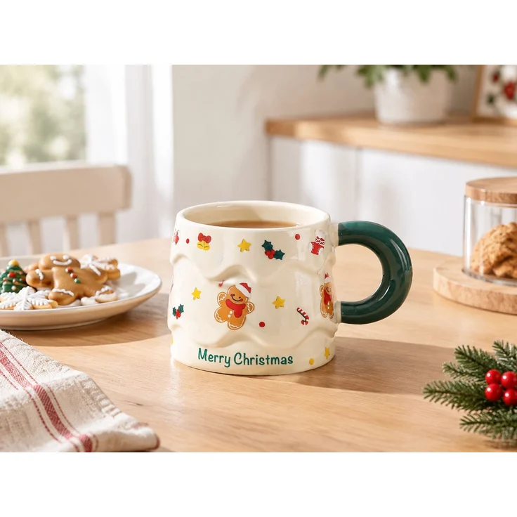 Keramik-Weihnachtstasse mit Deckel und Löffel Kaffeebecher Grün 16 x 12 x 14 cm – Bild 2