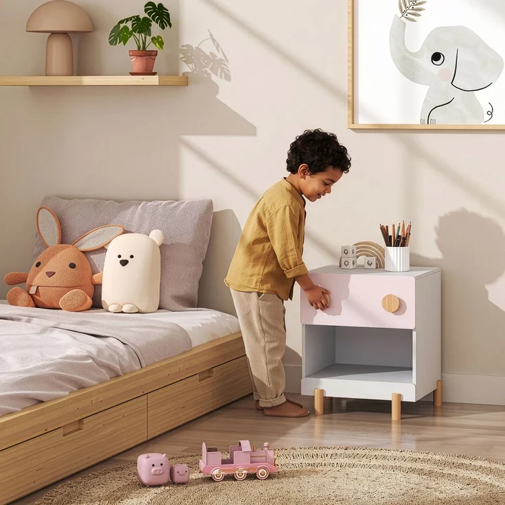 Kindernachttisch Vaarentaa mit Schublade und Ablagefach 47 x 40 x 35 cm Weiß/Cotton Candy [en. casa] – Bild 3