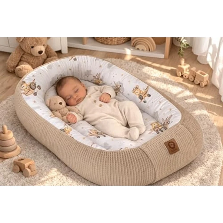 Babynest Nestchen Baby Set für Neugeborene – 5-teilig – Kuschelnest aus 100% Baumwolle & Waffelpique – Babykokon tragbar – für Babybett, Kinderbett & Kinderwagen – OEKO-TEX - Flugzeuge und Braun – Bild 2