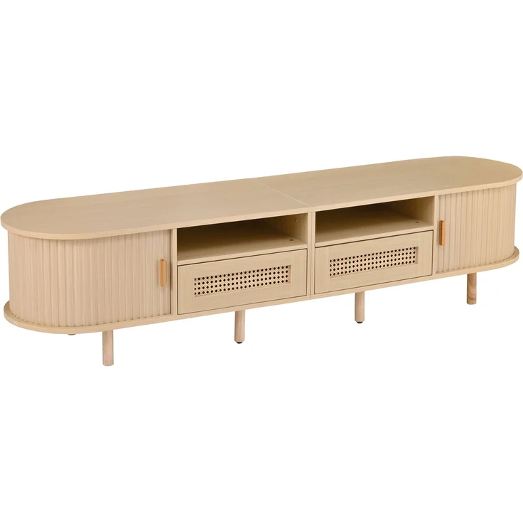 TV-Schrank 170 cm Ovale TV-Bank mit Rattanoptik Schubladen Schiebetüren Lowboard Holzlook Wohnzimmer Kompakter Retro-Stil 8 Beine – Bild 10