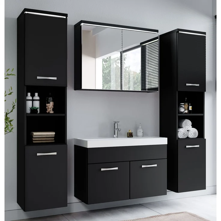 Badplaats Badmöbel Komplettset Paso XL LED 80x40 cm Schwarz Matt - Badezimmermöbel mit Waschbecken, Spiegelschrank und 2 Badezimmerschränke – Bild 2