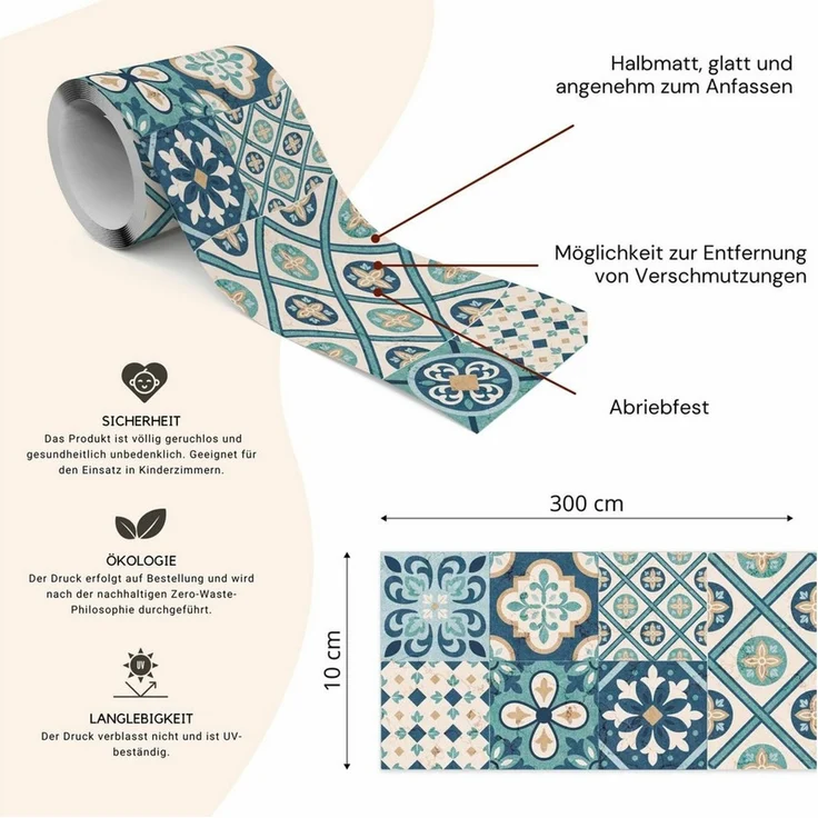 Muralo Bordüre Wandbordüre selbstklebend Muster – Tapetenbordüre Wohnzimmer Flur, grafisch, Marokkanisches Mosaik, 10x300 cm, abriebfest, abwischbar – Bild 2