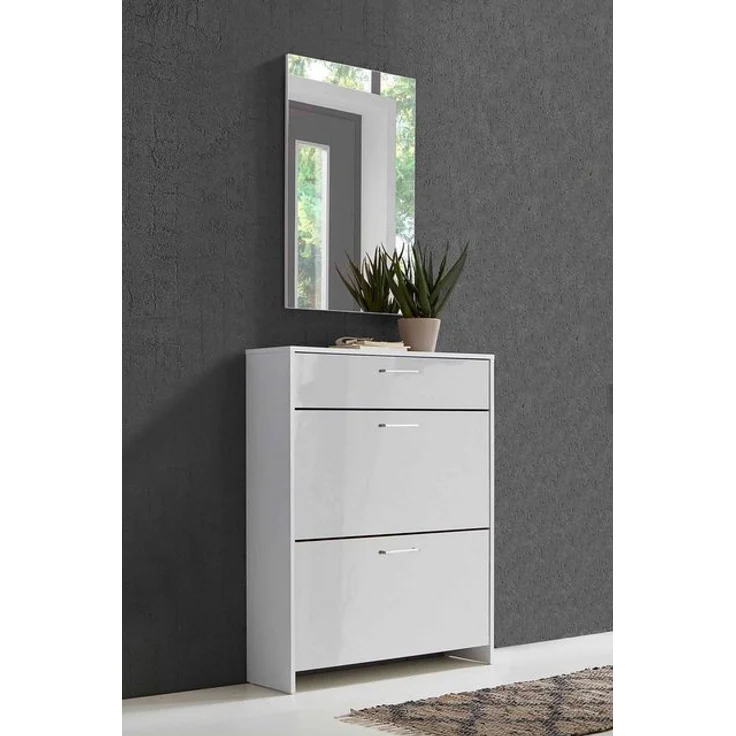BMG Möbel Schuhkipper Palermo (Schuhschrank Schuhregal Garderobe, Made in Germany), Metallgriffe, weiß lackierte Hochglanzfronten – Bild 3