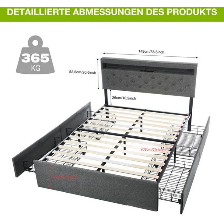 oyajia Polsterbett LED Doppelbett 140x200cm, Stauraumbett mit Kopfteil und 4 Schubladen (Leinenmaterial Polsterbett mit RGB Beleuchtung), mit Lattenrost und Ladefunktion, mit Komforthöhe, Leises Design Bett – Bild 4