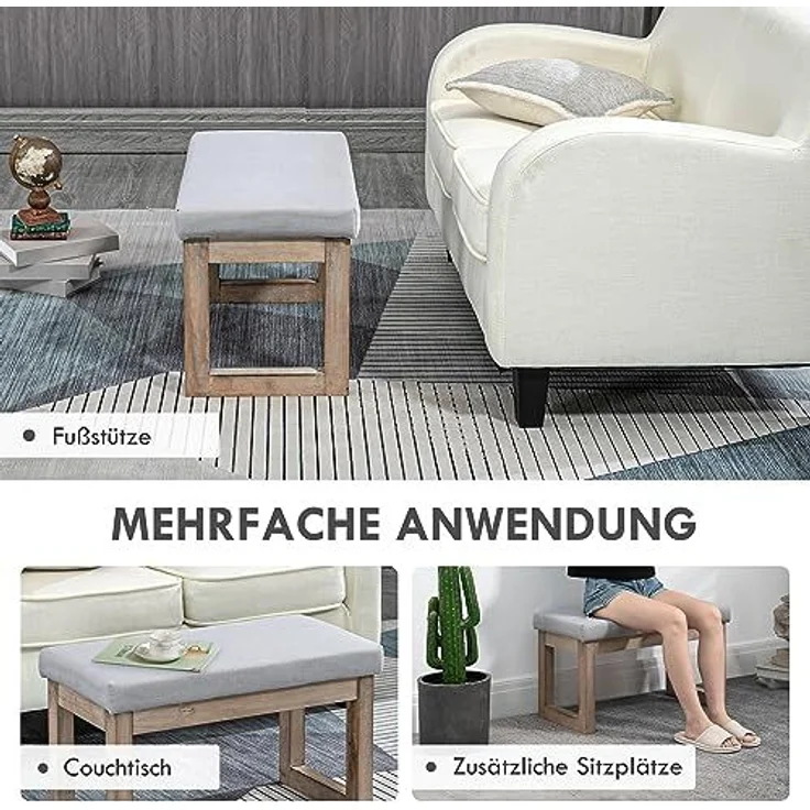 HOMCOM Fußhocker Polsterhocker mit Leinenoptik, (Eingangbank, 1 St, Fußbank), Grau 68 x 38 x 42 cm – Bild 6