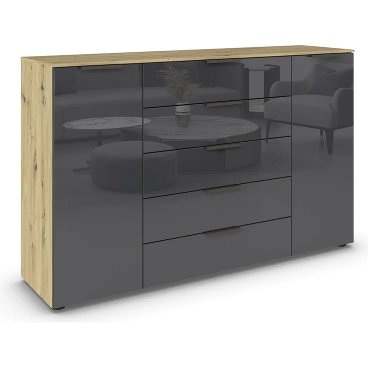 Rauch Möbel Flipp, Kommode für Schlafzimmer, Kinderzimmer, Wohnzimmer, Flur, Garderobe, 2-türig, 5 Schubladen, mit Softclose-Funktion, Farbe Eiche Artisan, Holz/Glas Basalt, Schwarz, Breite 160 cm – Bild 1