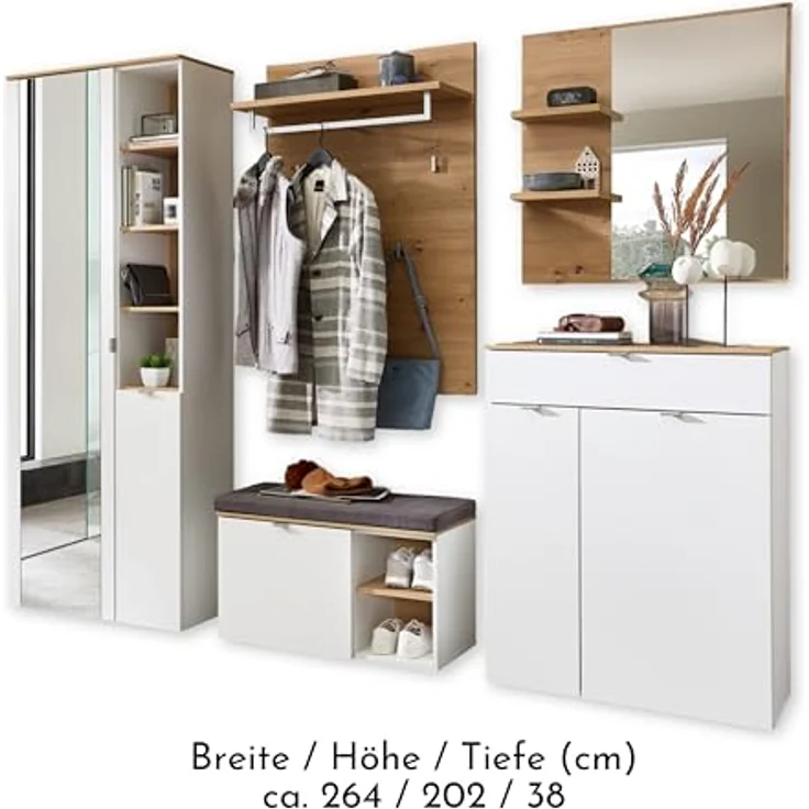 XXXL Garderobe Bari, 5-teilig in Weiß und Eiche Artisan, mit Glas, Textil und Holzwerkstoff, 264x202x38 cm, inkl. Spiegelflächen und Sitzgelegenheit – Bild 4