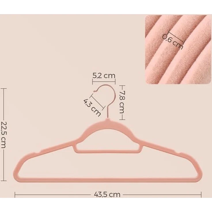 SONGMICS Kleiderbügel Samt, 30er Set, Bügel, rutschfest, kleine Stange für Krawatten, 360° drehbarer Haken, 0,6 cm dick, platzsparend, 43,5 cm lang, für Mäntel, Hosen, Roségold-Hellrosa – Bild 5