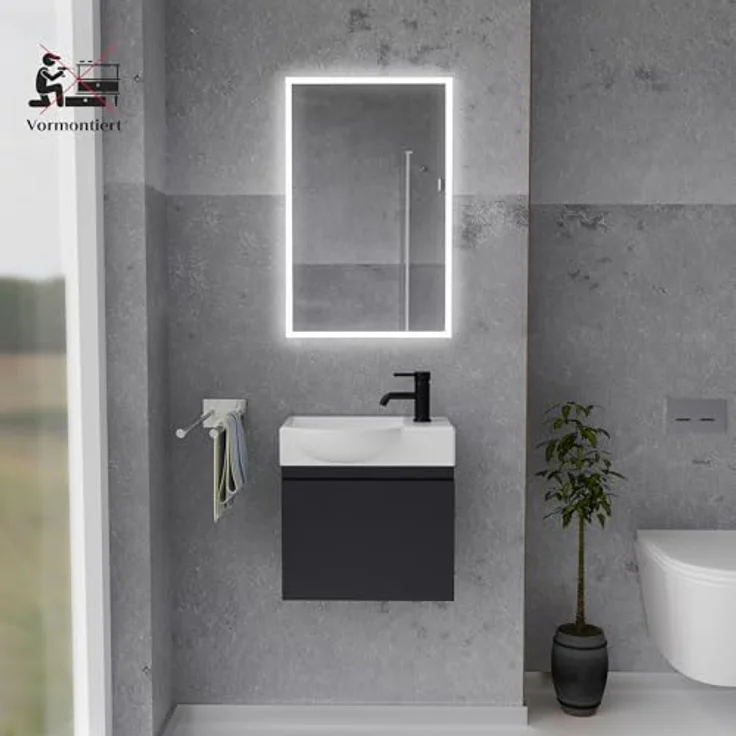 Alpenberger Badmöbel-Set - Gäste WC Waschbecken mit Unterschrank 45 cm Breit, (Badschrank 2-tlg, Waschtisch hängend), Waschbeckenunterschrank mit Softclose - Schwarz - Links Becken – Bild 3