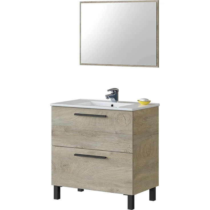 Arkitmobel, Waschbeckenunterschrank mit 2 Schubladen & Spiegel – Badmöbel in Eiche Alaska mit Soft-Close-System & 4 Füßen, Maße: 80 x 80 x 45 cm (B x H x T), Modell Athena (ohne Waschbecken)