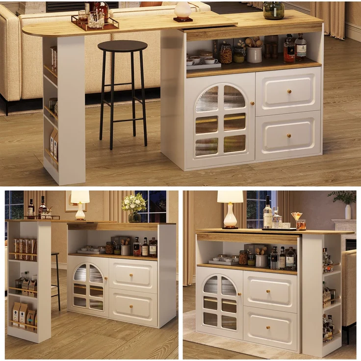 Stehtisch ausziehbar MDF Glastür Schubladen Snackregal 360°-Drehbar Sideboard Küchenwagen Wohnzimmertisch – Bild 5