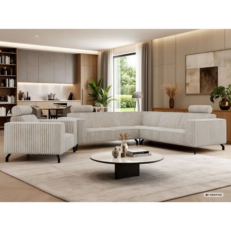 Möbelset 2-teilig, Ecksofa mit Sessel VESANO, Wohnlandschaft, Ecksofa L-Form mit Sessel, HR-Schaum & Wellenfederung, Set mit verstellbaren Kopfstützen - Beige Cord