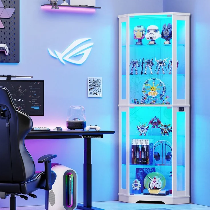 Eckvitrine 65x45x180 cm, 6-stöckige Glasvitrine mit LED-Beleuchtung, Glastüren und Bewegungssensor, Weiß – Bild 2