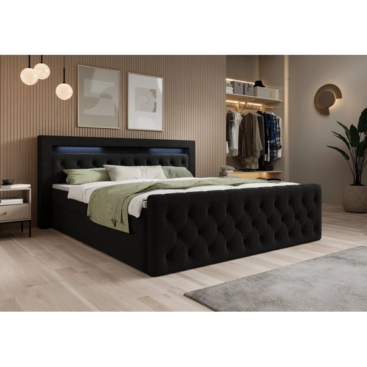 thematys Boxbett LED mit Bettkasten 160x200cm, mit Bonnellfederkernmatratze H3, Bouclé/Velours, mit Stauraum, mit 3 cm Topper, Schwarz (Quelle 100), Art.-Nr. S04JN0YRWLL – Bild 1