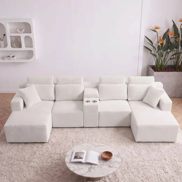 ZUBALIYA Boneless Compression Sofa, U-förmiges modulares Sofa mit integrierten Becherhaltern, Off-Weiß, 372 x 151 x 80 cm – Bild 3