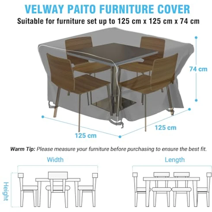 Velway Gartenmöbel Abdeckung Wasserdicht 125 x 125 x 74 cm - Winddicht Schutzhülle mit Reflektierender Streifen 600D Oxford Möbelsets Abdeckung Staubfest Abdeckhauben für Gartentisch Sitzgruppe Khaki – Bild 3