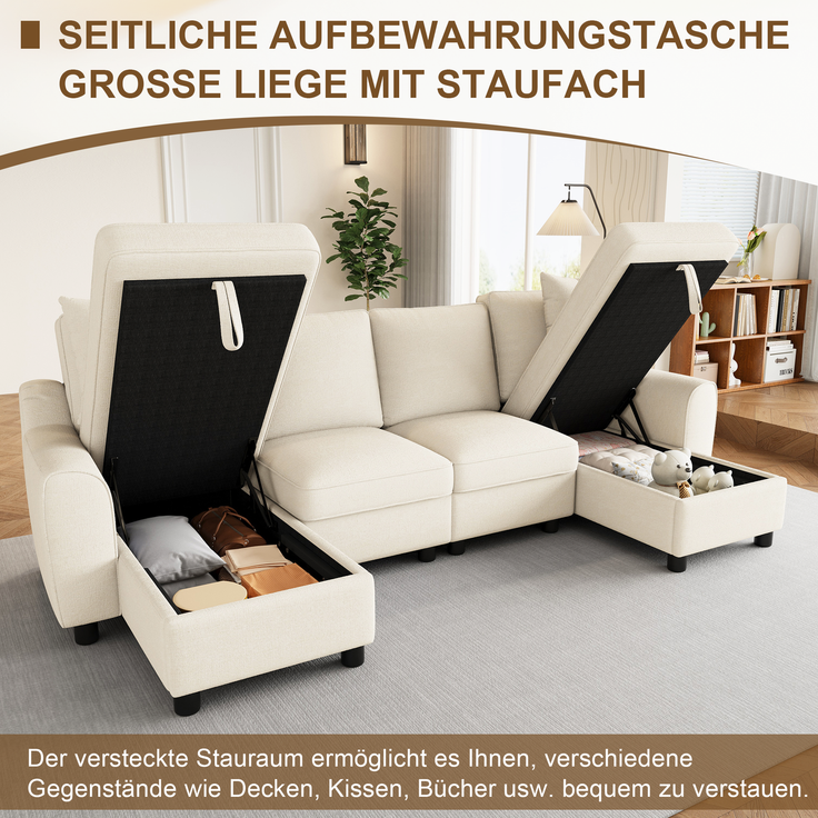 Chenille-U-Sofa mit 2 Stauraum-Chaiselongues und 2 Kissen, gepolsterte Wohnlandschaft 280 cm mit Taschenfederkern, Beige – Bild 12