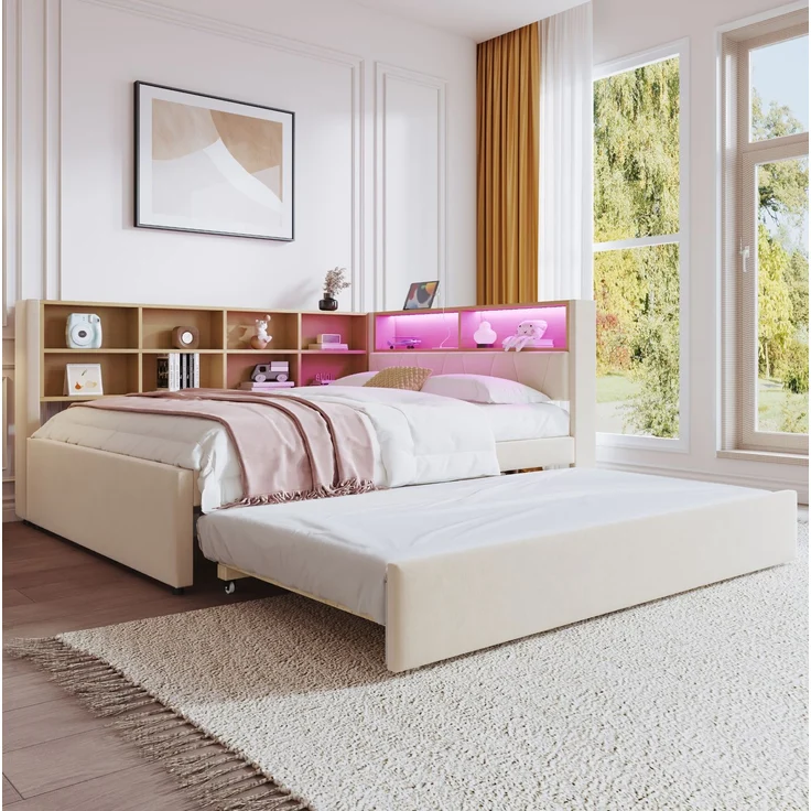 CHICFURN Bett Flanell Beige 140x200 cm mit Ausziehbett 90x190 cm, LED-Beleuchtung und USB- und Type-C-Anschlüssen – Bild 2