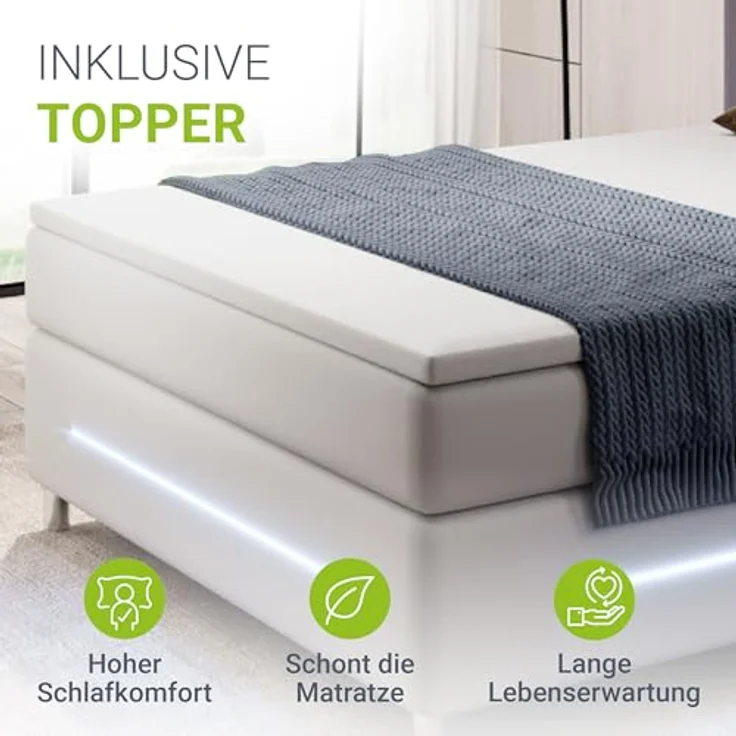 Juskys Norfolk Boxbett, Weiß, 200x200 cm, mit LED-Beleuchtung, zwei Bonell Federkernmatratzen und Topper, ideales Doppelbett für angenehmen Schlaf – Bild 7