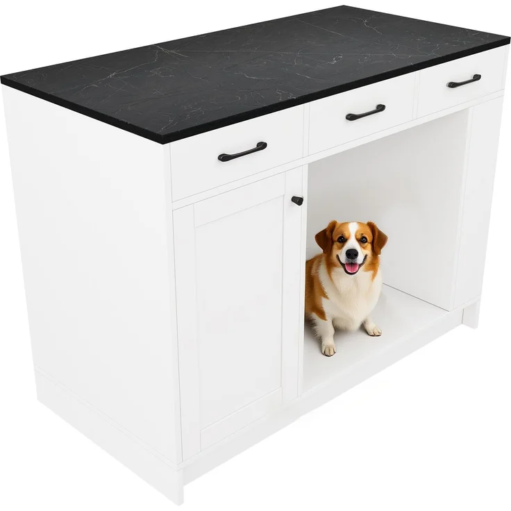 Küchenwagen 120 x 60 x 90 cm mit 3 Schubladen, Gewürzablage und Haustierbereich – weiß – Bild 5