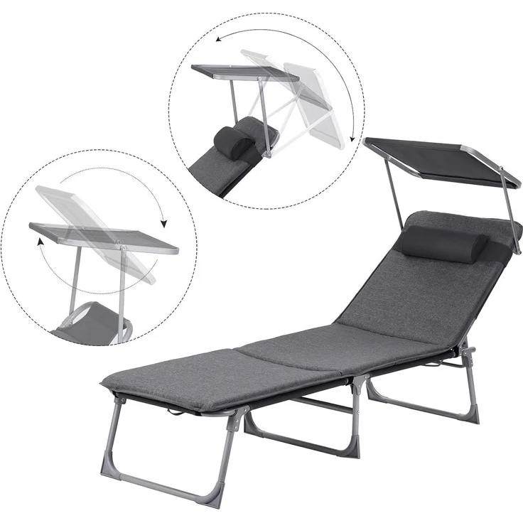 SONGMICS Sonnenliege, Liegestuhl mit 3 cm Dicker Auflage, Kopfstütze, Sonnendach, Rückenlehne verstellbar, klappbar, 53 x 193 x 29,5 cm, bis 150 kg belastbar, Garten, Balkon, dunkelgrau – Bild 5