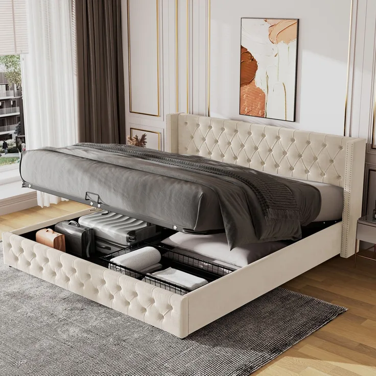 Polsterbett in Beige mit Rautensteppung und Knopfdetails,209*142*94.5cm，Samtbezug