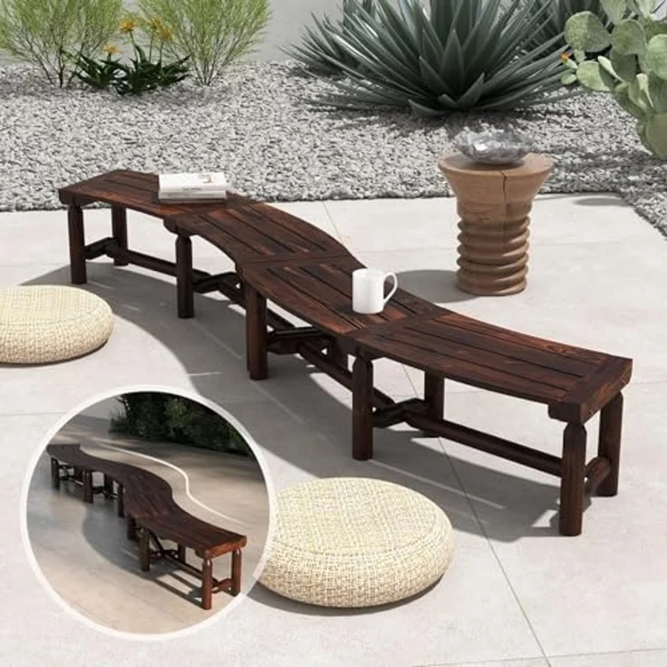 FANTASK Gartenbank für 2-3 Sitzer aufwärts, 325 kg Belastbarkeit, Wetterfeste Bank ohne Rückenlehne, Holzbank mit geschwungenem Design, Außenbank für Hinterhof, Veranda, Garten. – Bild 4