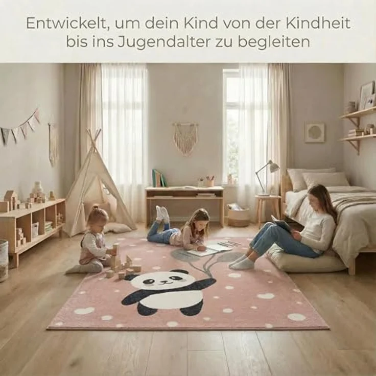 Jimri Kinderteppich Happy Friends Teppich für Kinderzimmer, Kinderteppich Bär Hase Panda, Rechteckig – Bild 9