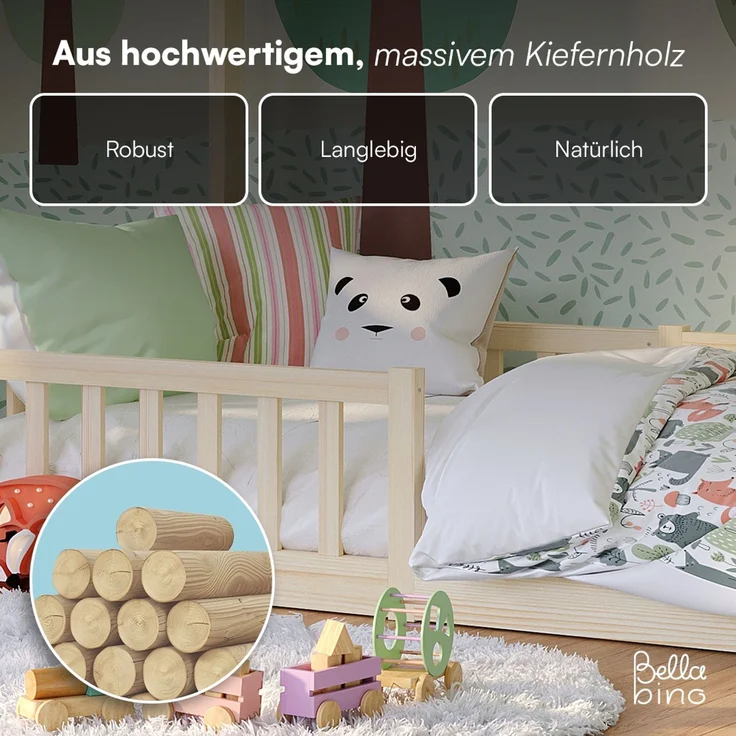 Bellabino 'Bia' Hausbett 90x200 cm, natur, Kiefer Massivholz, Bodenbett in Hausoptik, Montessori Kinderbett mit Rausfallschutz und Lattenrost – Bild 6