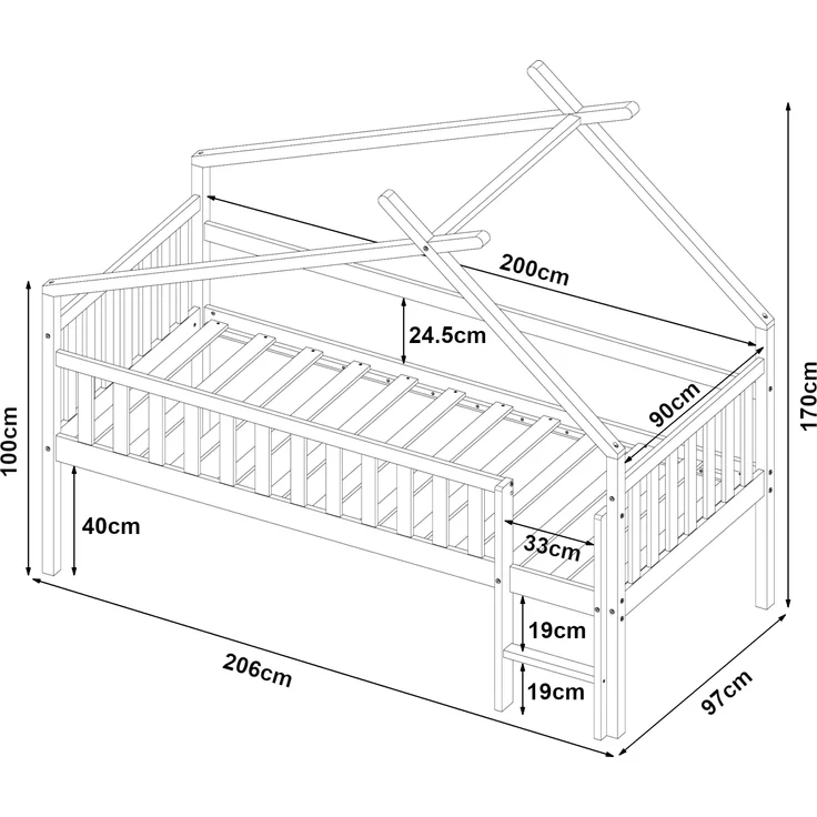 Hausbett Sotkamo 90x200cm mit Rausfallschutz Kiefernholz Weiß [en. casa] – Bild 4
